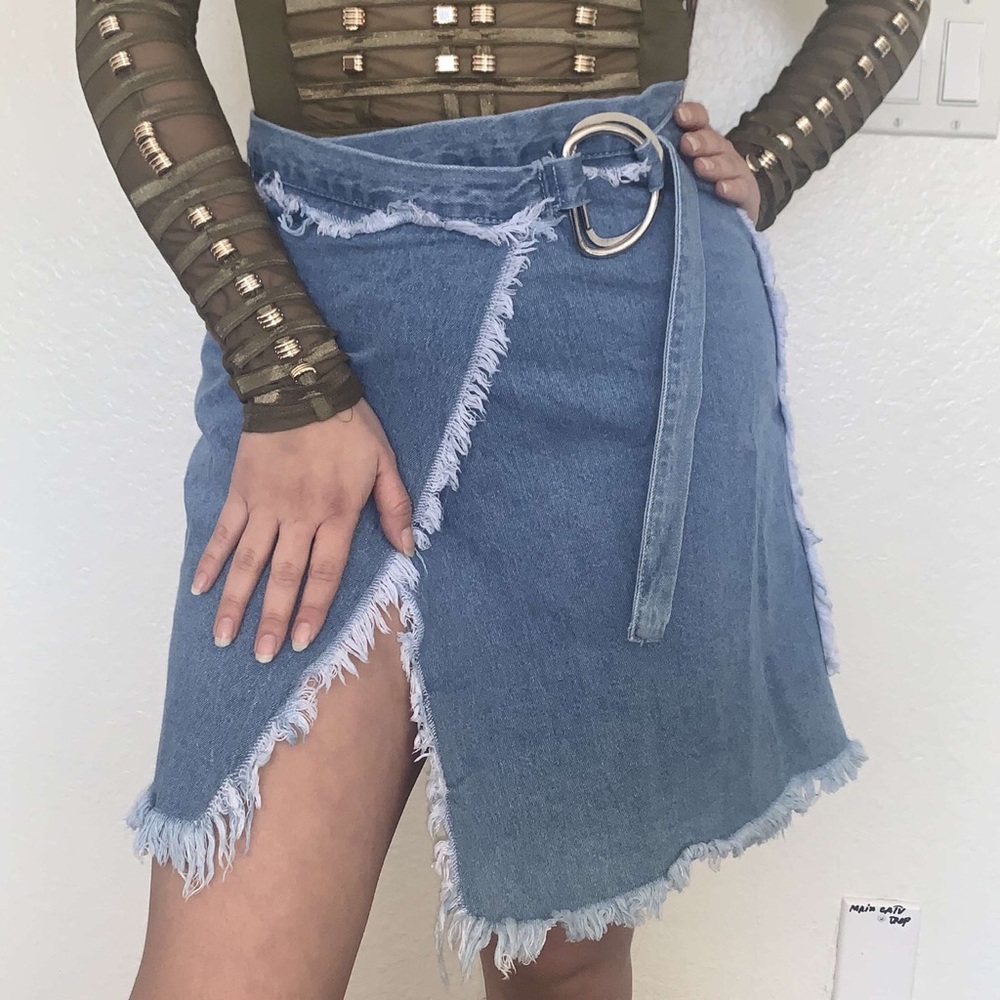 High Waisted Denim Wrap Around Mini Skirt